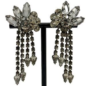 Fashion Floral Dangle Clip On Earrings with Clear Stones & Silver Tone Metal